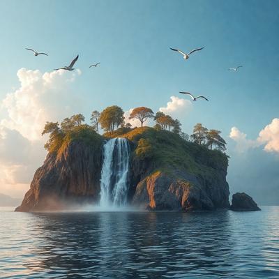 Primary subject: A beautiful island with a waterfall, surrounded by birds flying in the sky.

Setting/background: The island is located in a large body of water, with a blue sky serving as the backdrop.

Visual style: The image is a digital artwork, featuring a vibrant and lively scene.

Colors and mood: The colors in the image are predominantly blue and green, creating a serene and peaceful atmosphere.